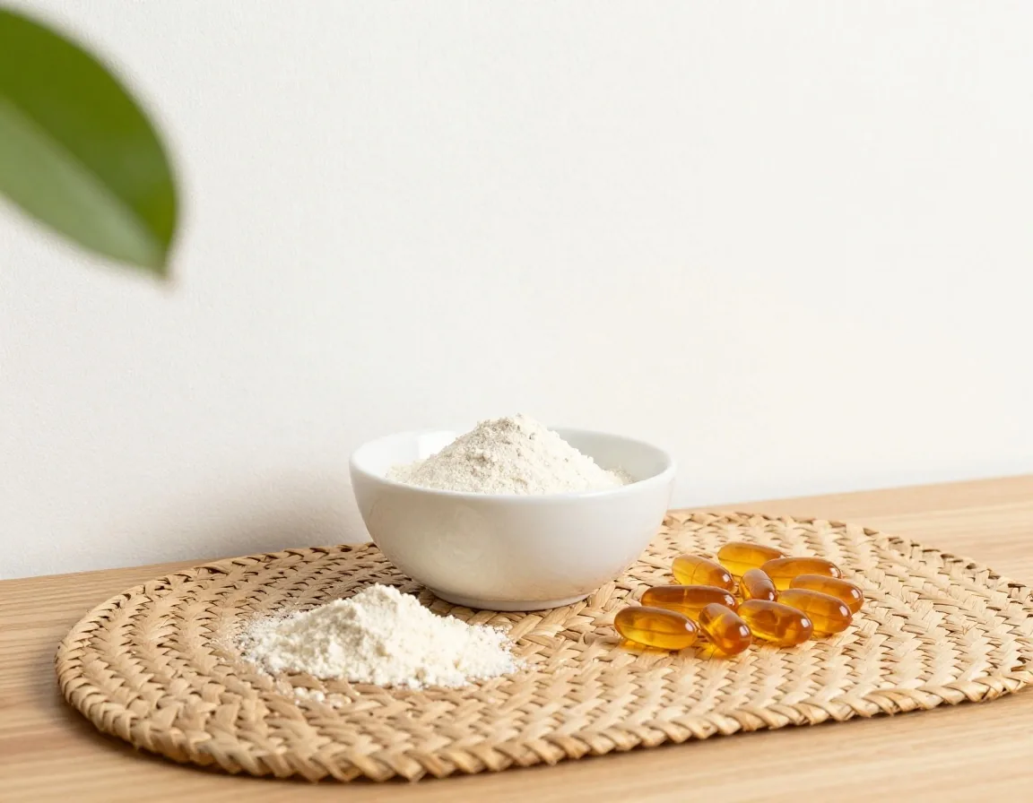 A shallow dish of pale vitamin powder beside a short row of amber softgel capsules