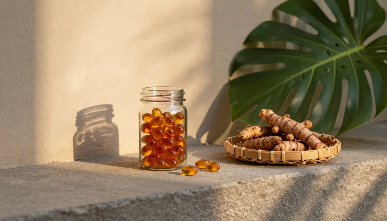 A glass vessel of amber softgel capsules resting on a birch plank beside a folded wool cloth
