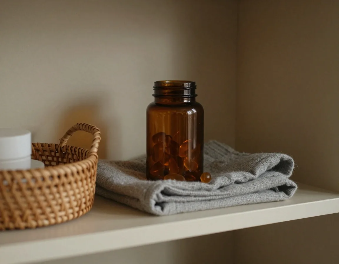 A sealed amber glass jar of softgel capsules beside a folded square of wool cloth