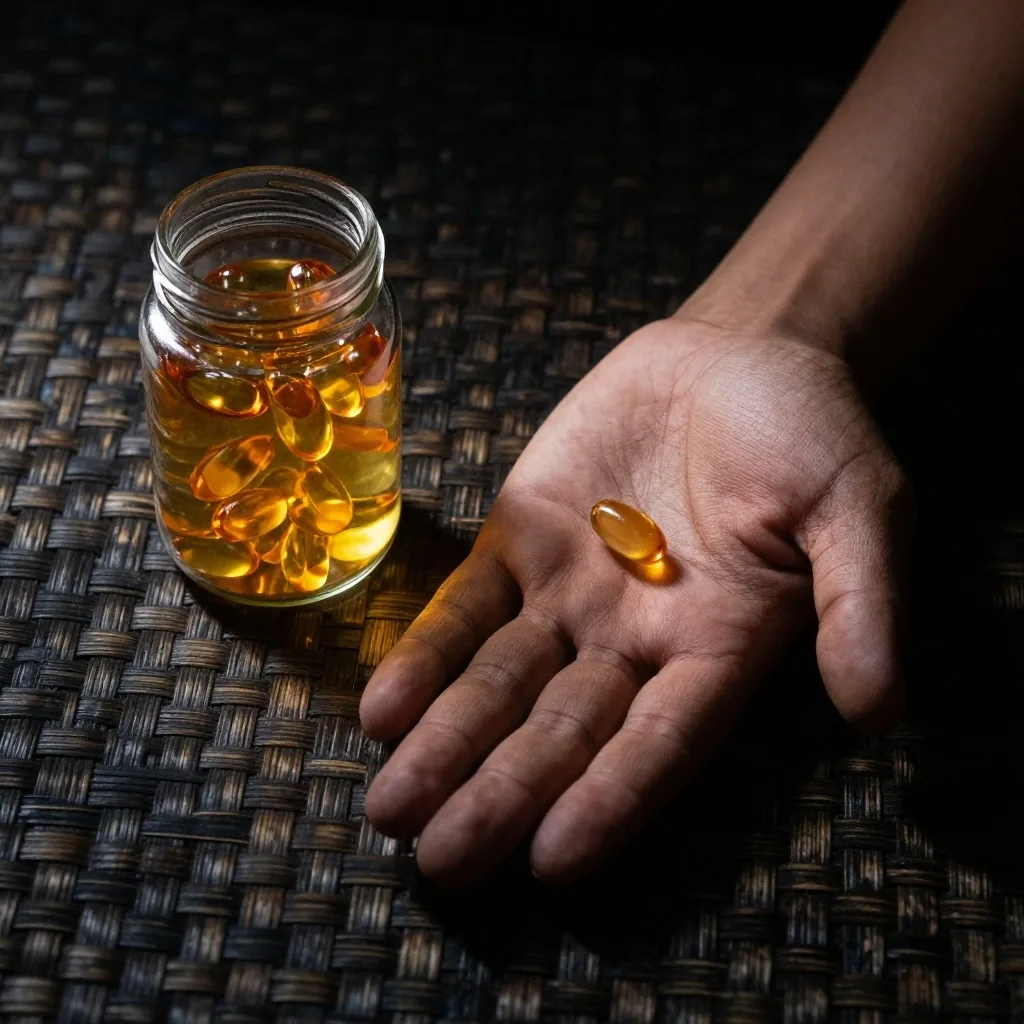 A single glass jar of amber softgel capsules lit on a dark warm ground