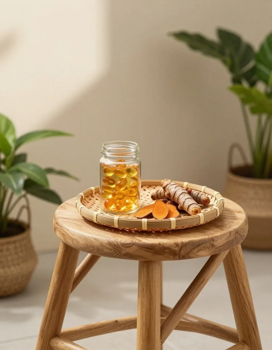 Amber capsules and small glass jars of dried botanical material arranged along a birch plank