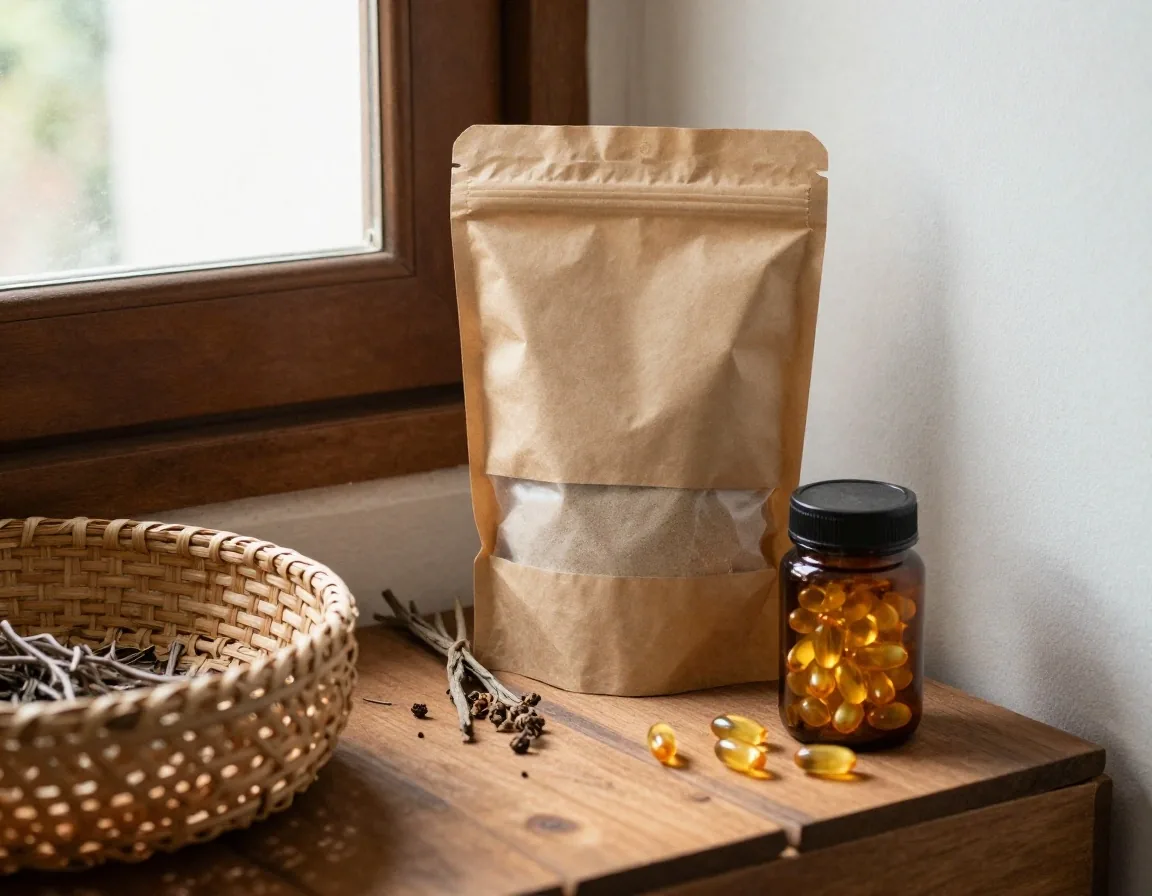 An unbranded paper pouch and a small amber jar resting together on a birch plank