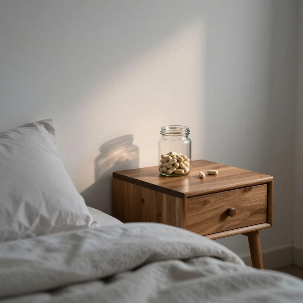 A small glass jar and capsules on a birch plank beside a folded wool blanket