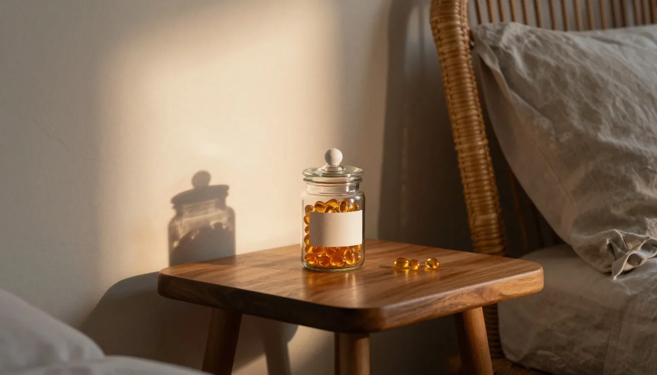A glass jar of amber softgel capsules on a birch plank under warm afternoon studio light
