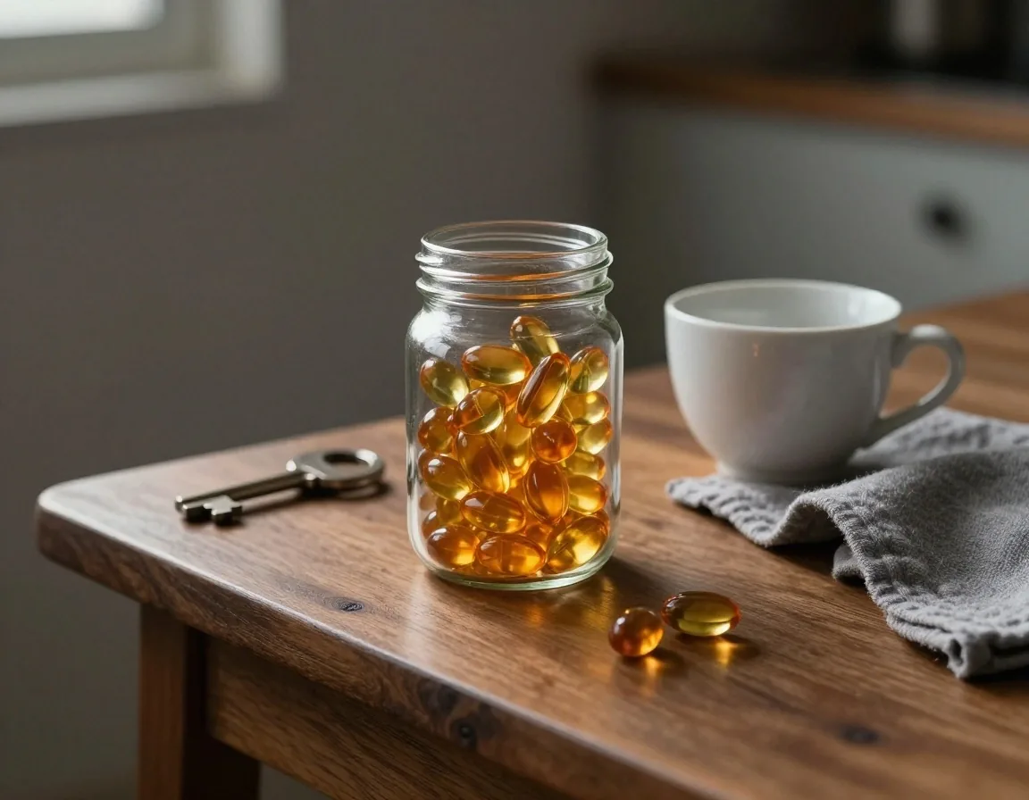 A jar of amber capsules, a stoneware cup and a folded wool cloth on a wooden table