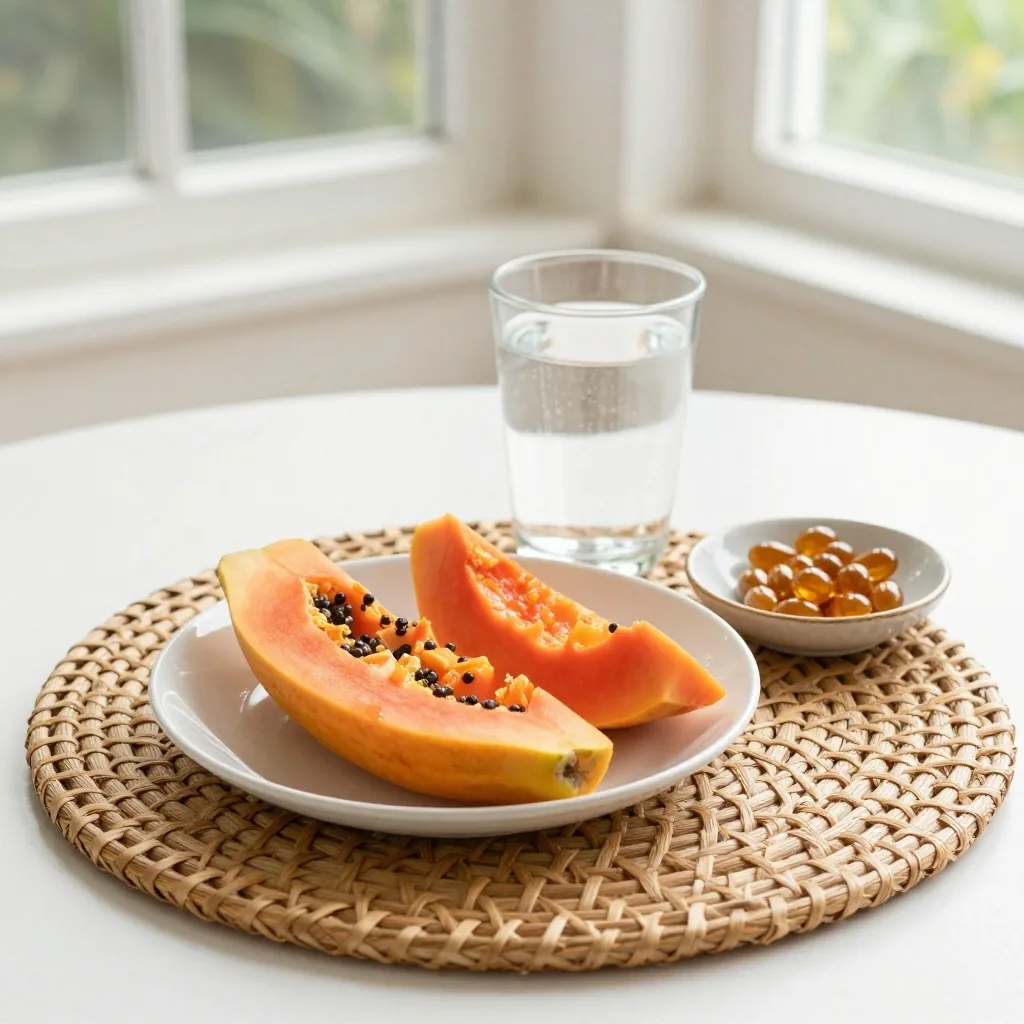 Amber capsules beside a glass of water on a pale counter in morning light