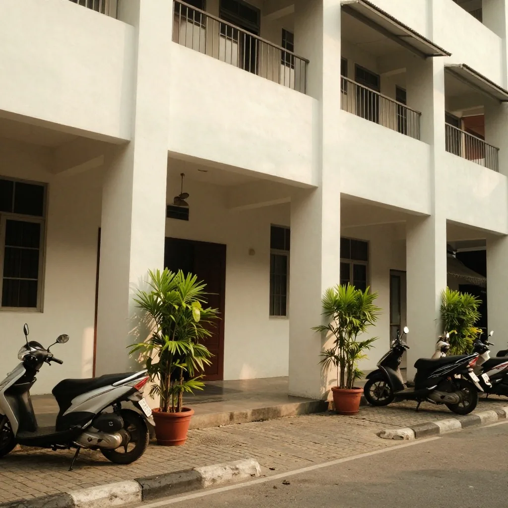 A plain low-rise office building on a Makassar street in warm afternoon daylight