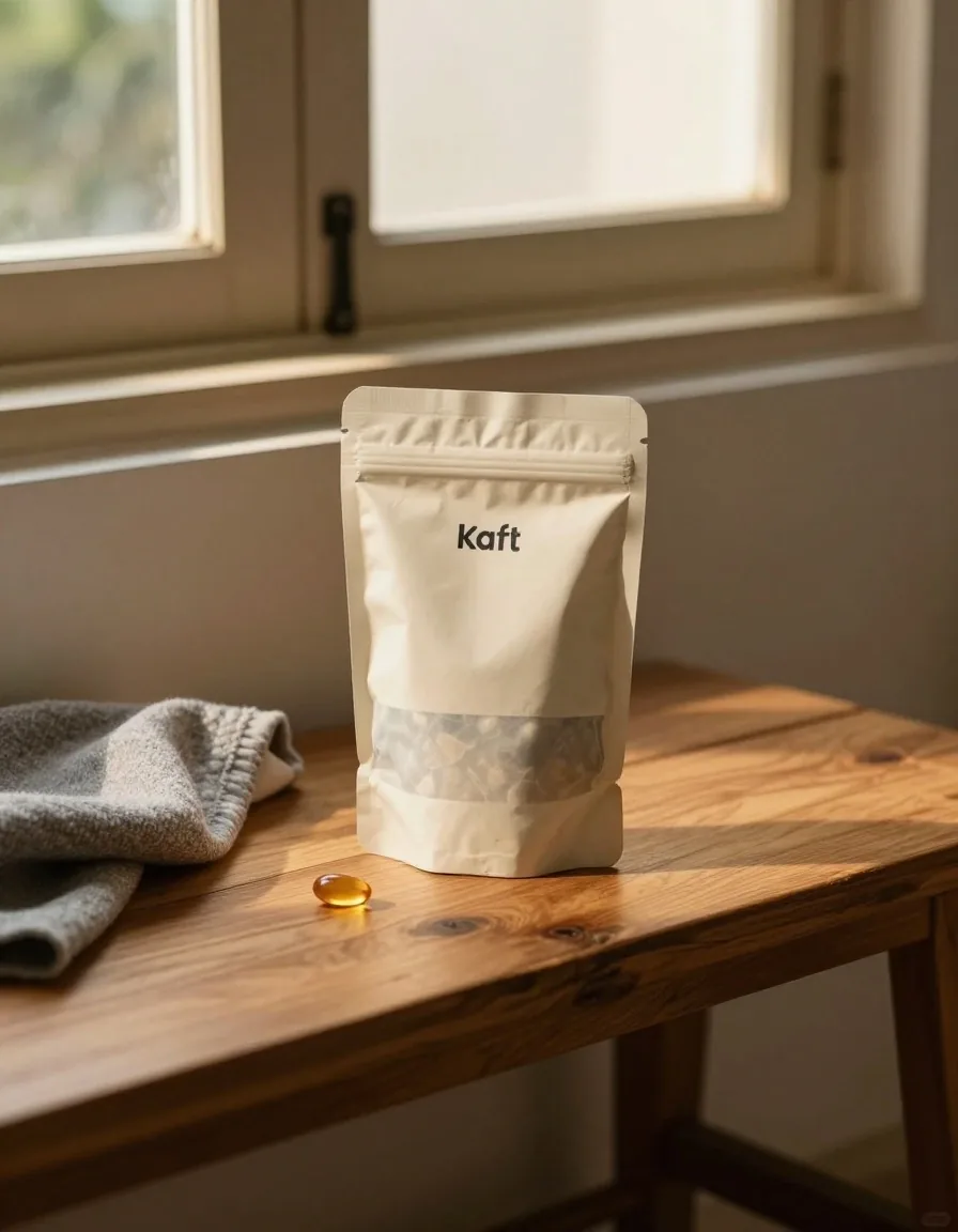 An unbranded kraft pouch and a single amber softgel capsule on a birch plank in warm daylight
