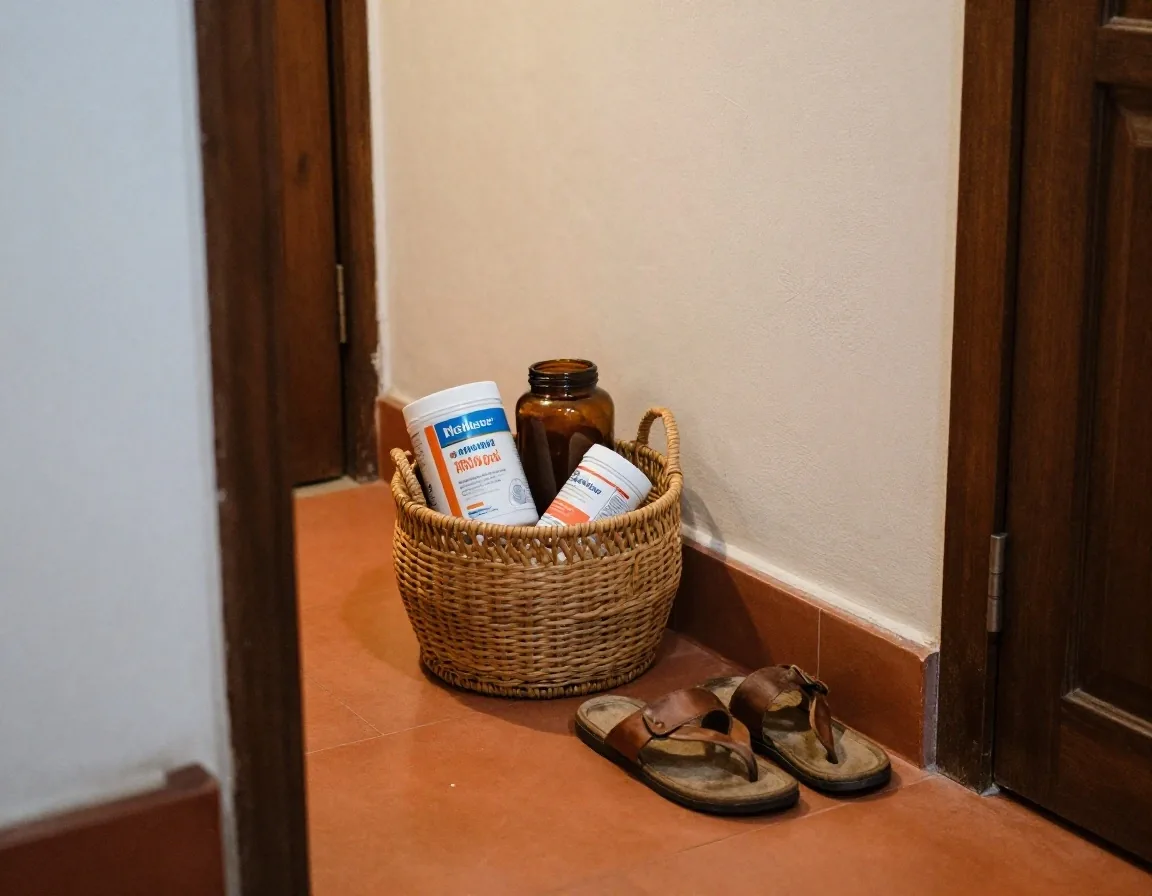 Unbranded supplement cartons and an amber glass jar arranged flat on a birch plank in warm daylight
