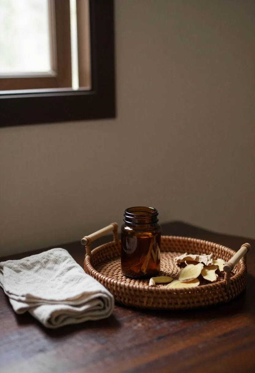 Dried botanical material and a small amber jar laid flat on a birch plank in warm daylight