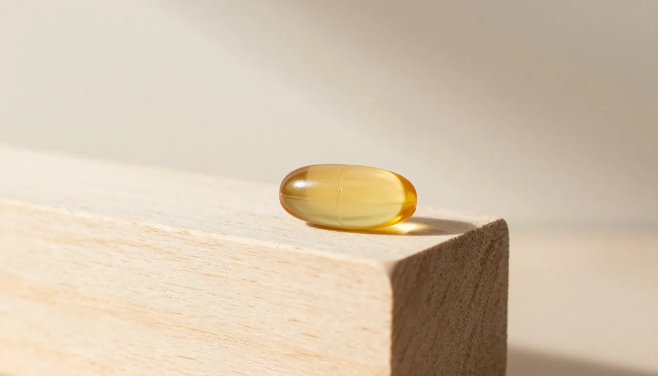 A single amber softgel capsule photographed flat on a chalk-white studio sweep with a birch ramp behind