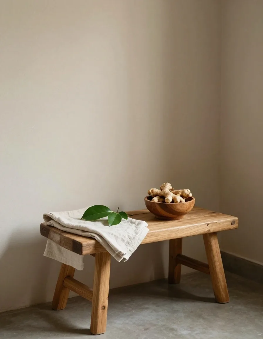 A folded wool cloth and a birch offcut resting on a pale studio sweep