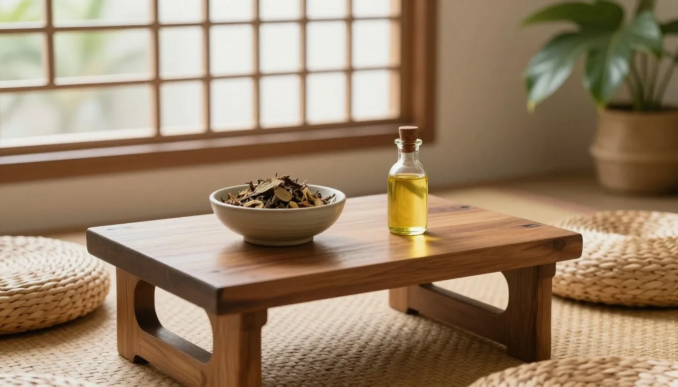 A glass jar and folded wool cloth on a wooden shelf beside a sunlit wall