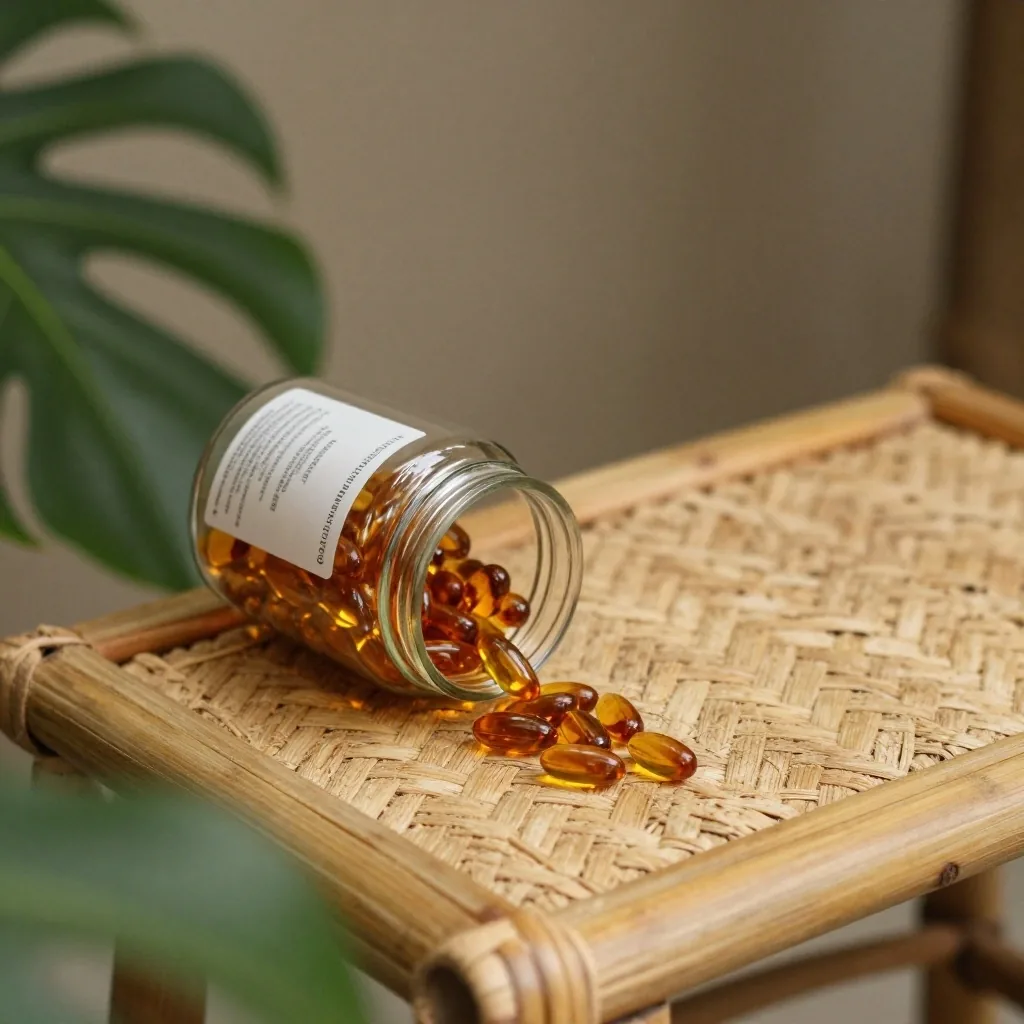 An open glass jar of amber capsules tipped on a birch plank with a few spilled forward