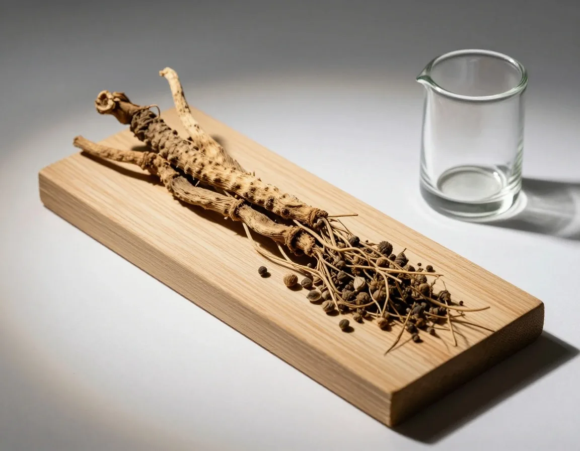Dried botanical root and seed laid flat on birch beside a glass vessel