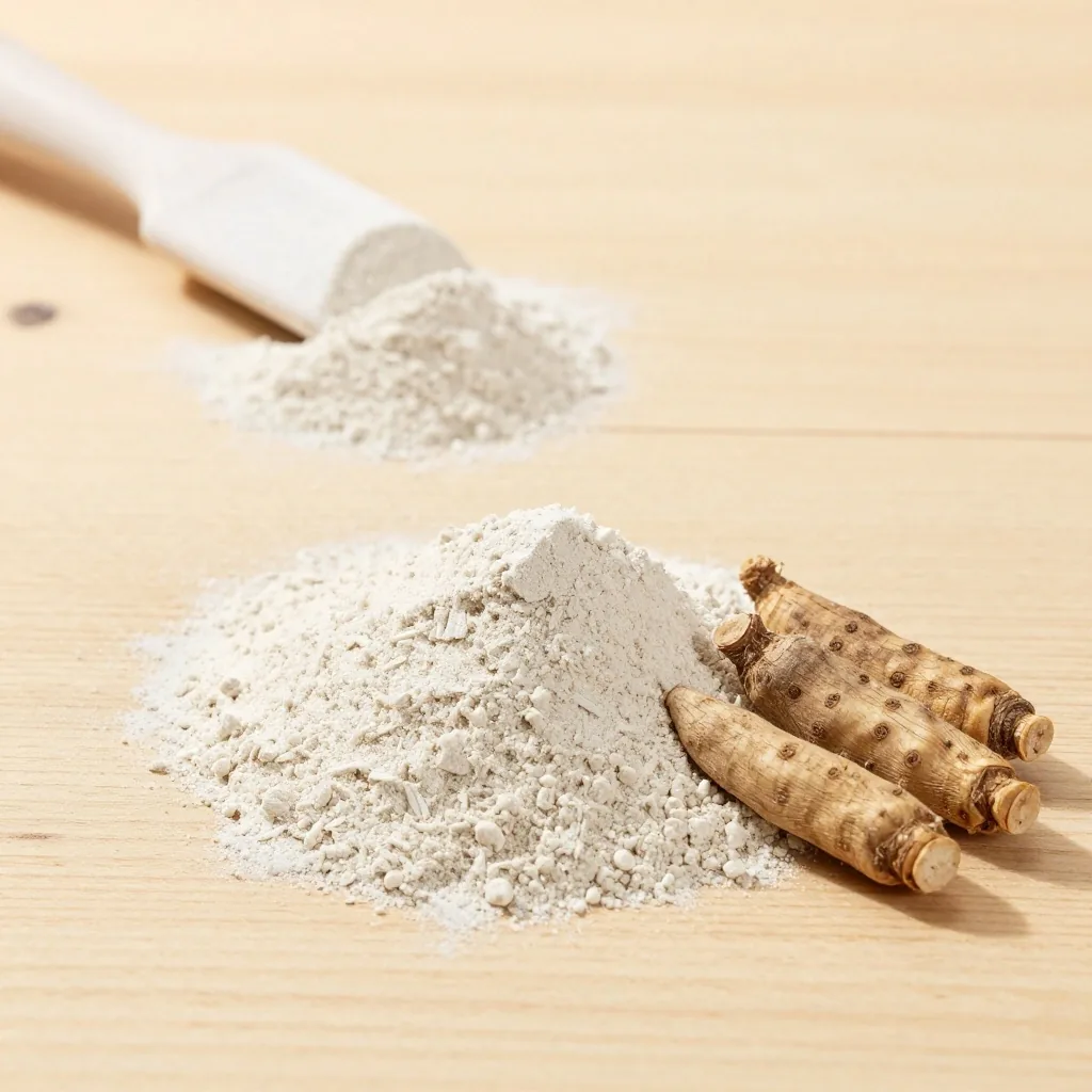 A mound of pale maca powder next to whole dried maca roots on a birch plank