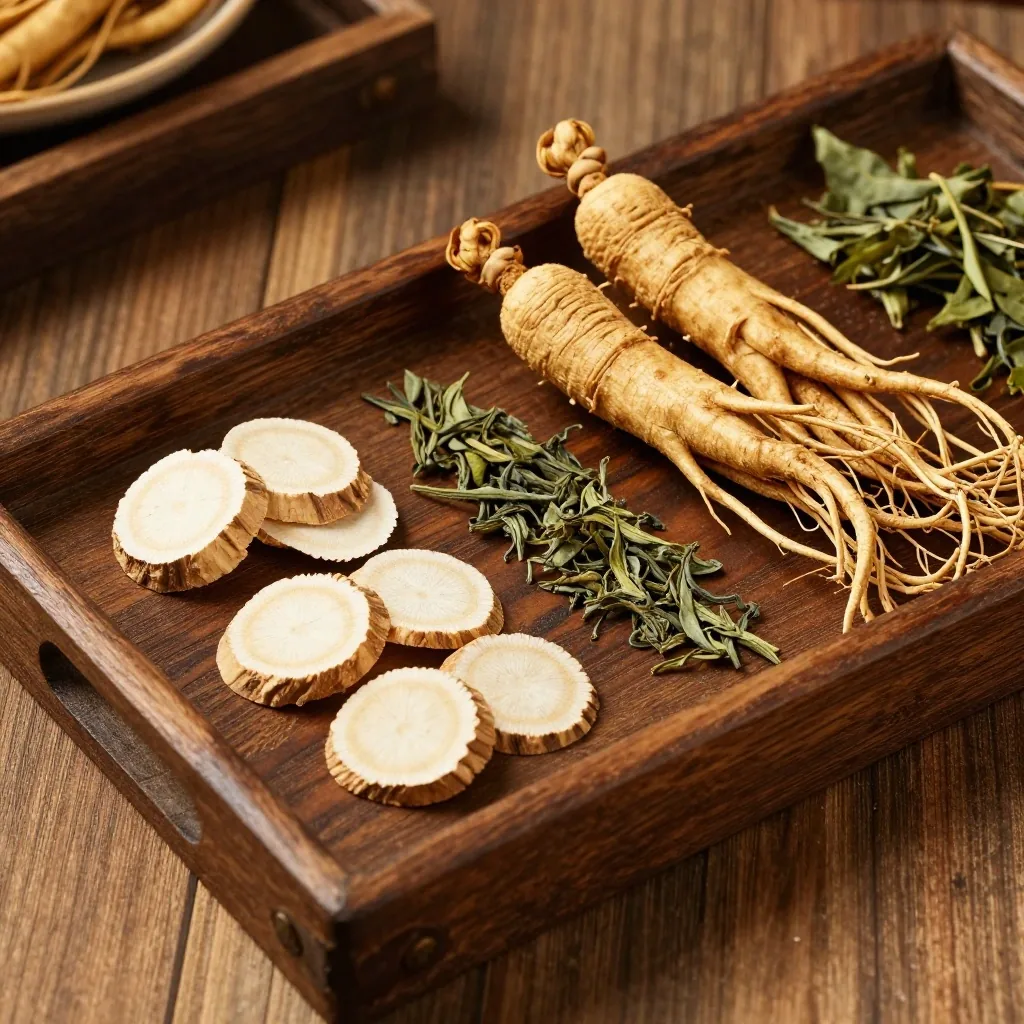 A dried ginseng root and dried green tea leaves laid flat on a birch plank
