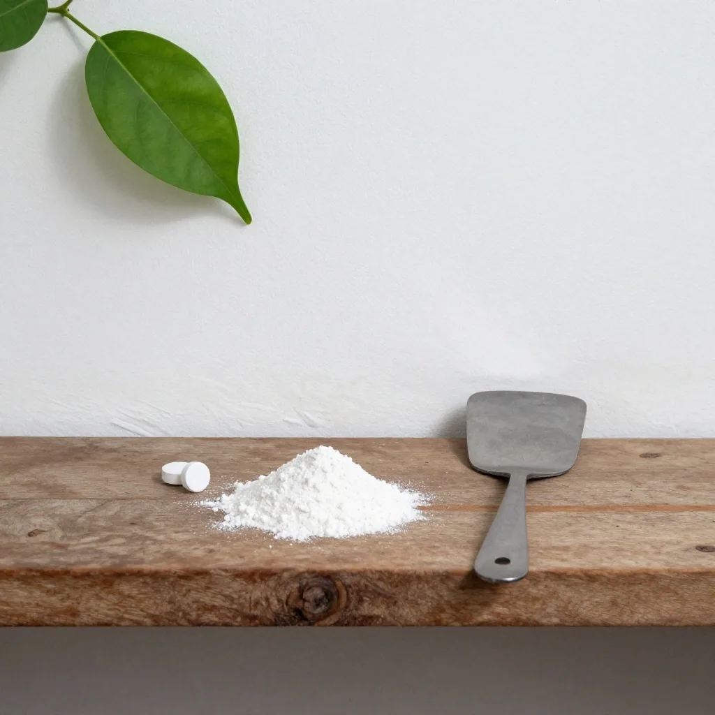 A mineral tablet and a small heap of white powder resting on a birch plank