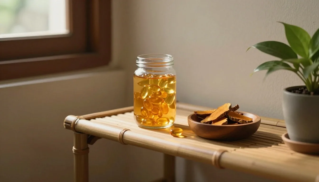 Amber capsules and a small apothecary jar resting on a birch plank in warm daylight
