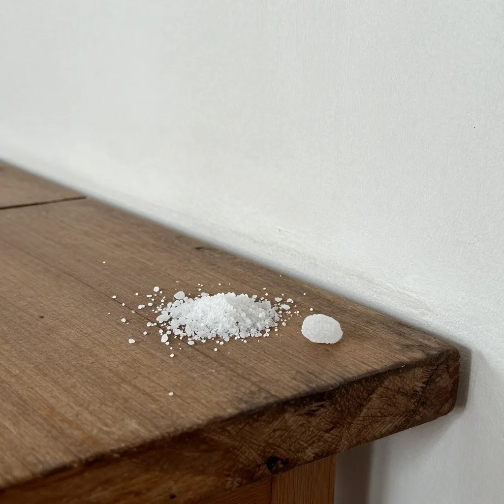 Coarse white mineral crystals scattered across a birch plank