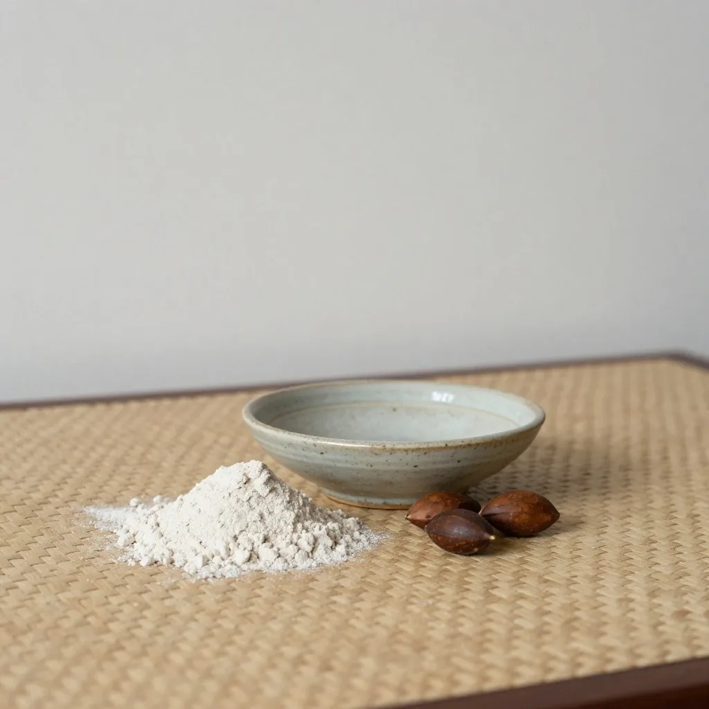 Dark nut pieces and pale mineral grains arranged on a birch plank