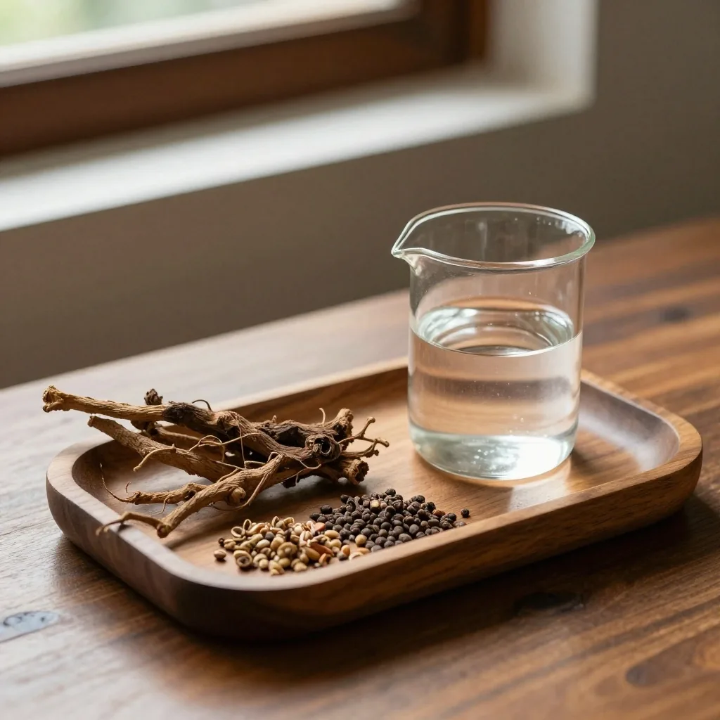 Dried botanical root and seeds laid out flat on a birch plank beside a glass vessel