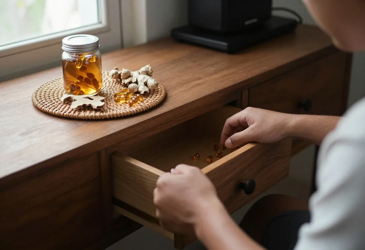 A glass jar and dried botanical leaves on a birch shelf with a folded wool cloth