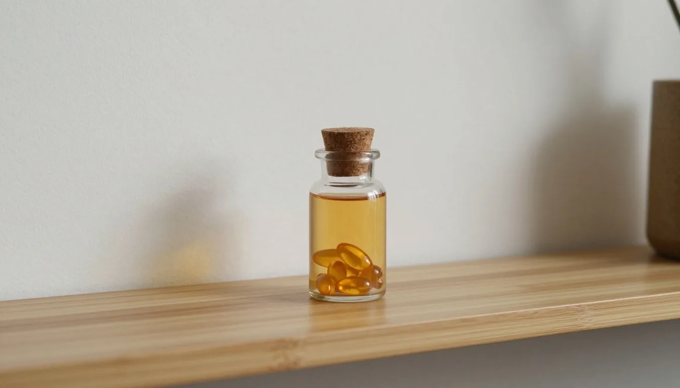 A plain order slip and a small glass jar resting on a birch plank against a chalk-white studio wall