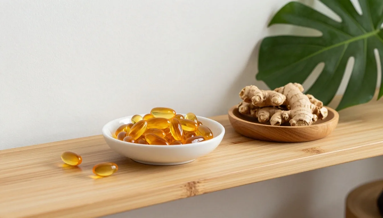Amber softgel capsules arranged on a birch tray in warm daylight studio light
