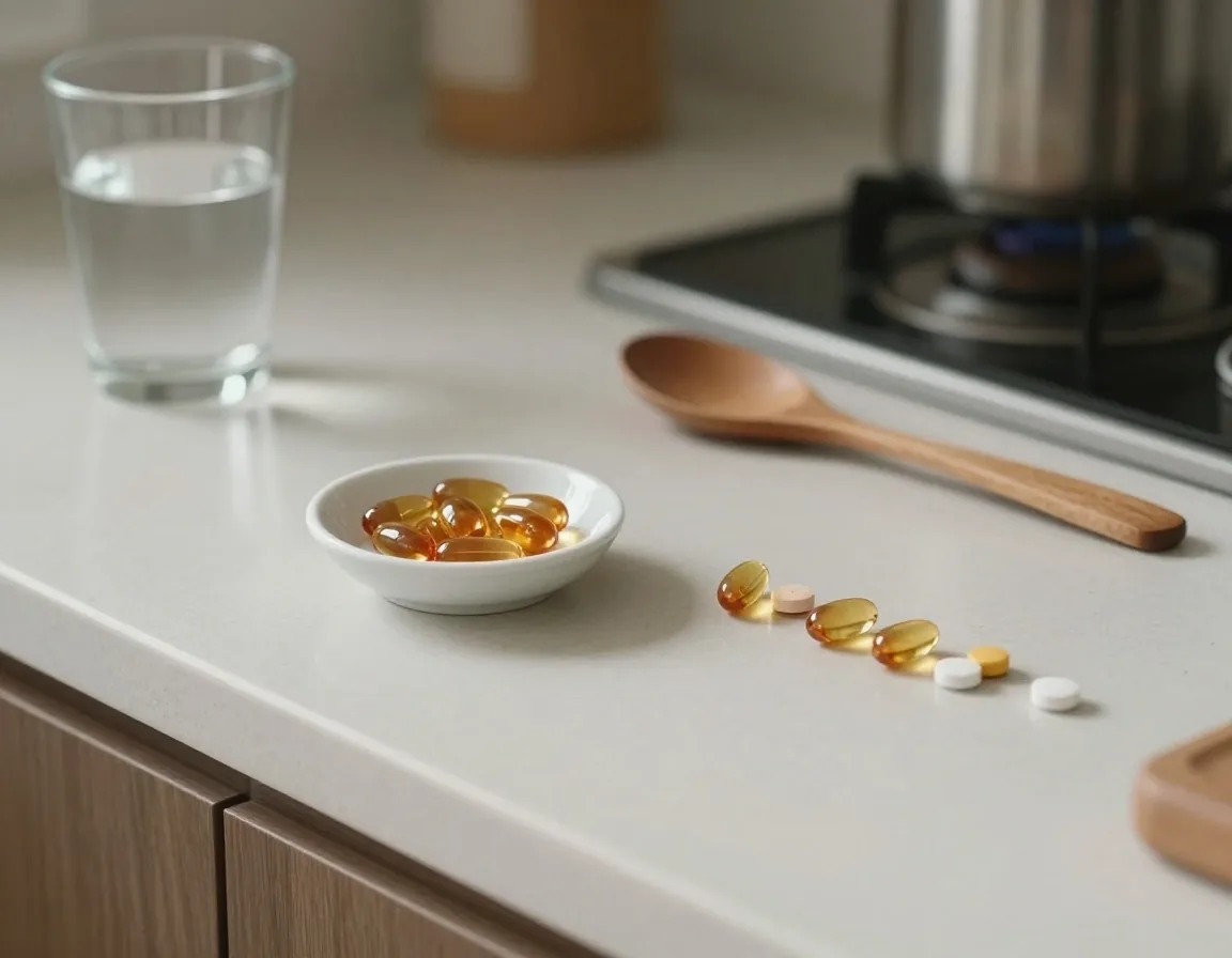 Capsules and tablets laid in a single line across a plain birch surface