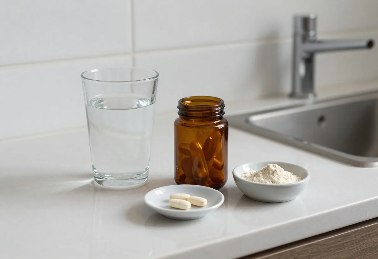 Capsules, tablets and powder shown side by side on a birch plank