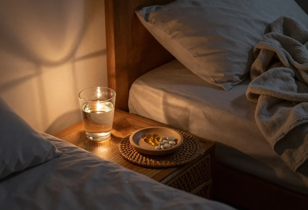 Evening serving of capsules and tablets on a small birch dish beside a glass of water