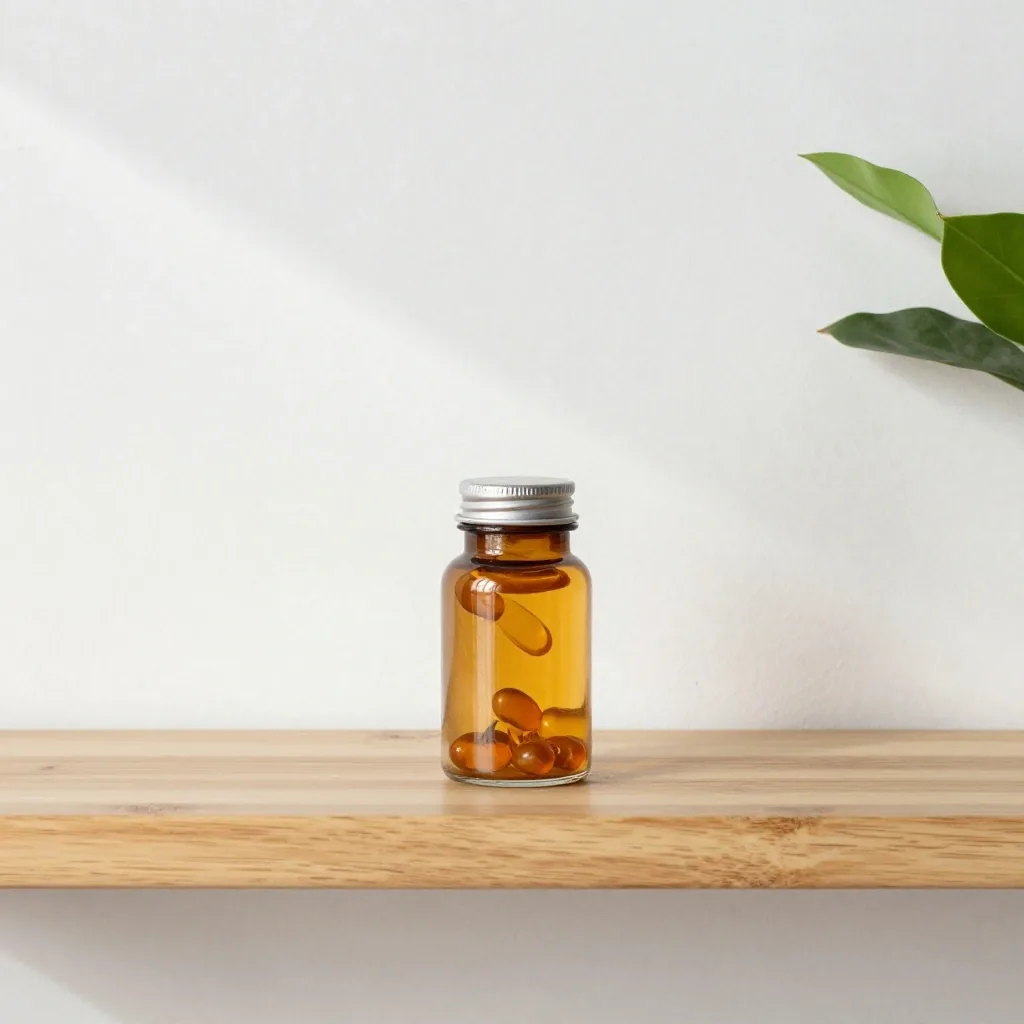 A single amber softgel capsule lying flat on a chalk studio sweep